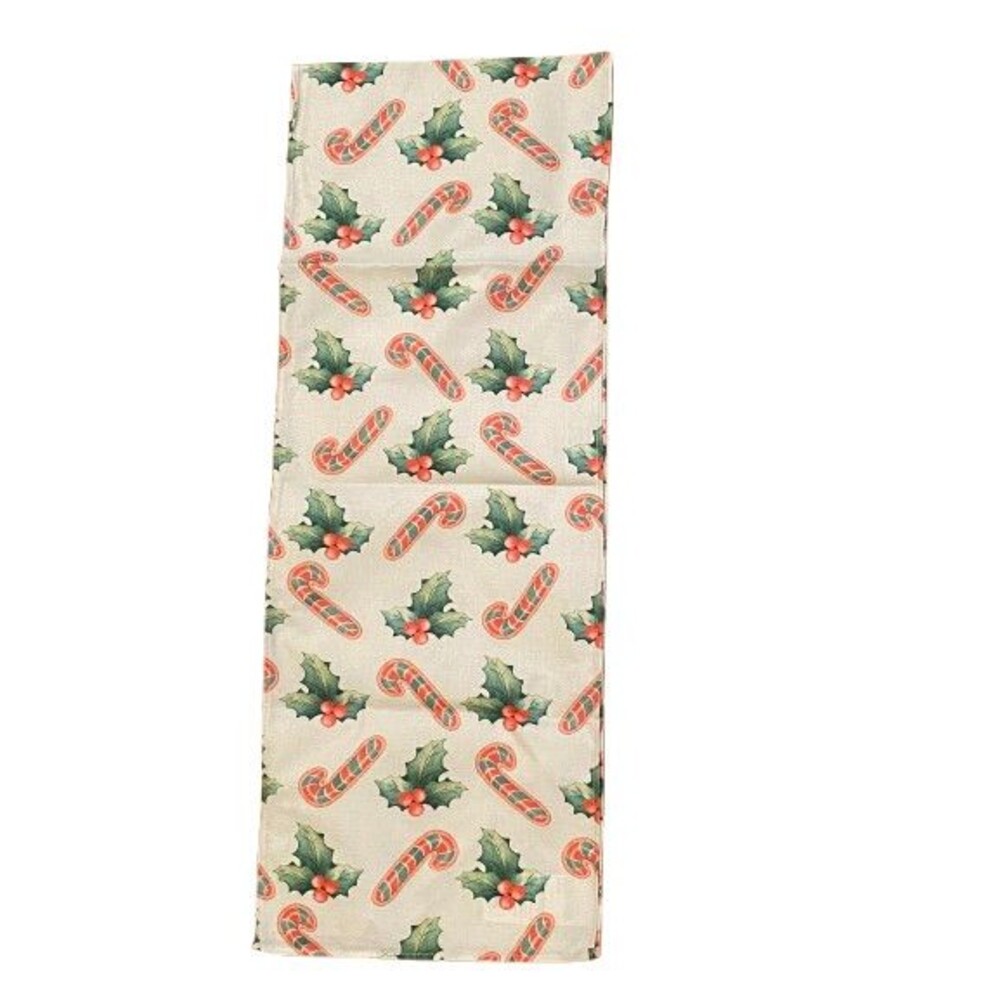 Christmas Table Runner 13x72in Woven Polyester Candy Canes Holly